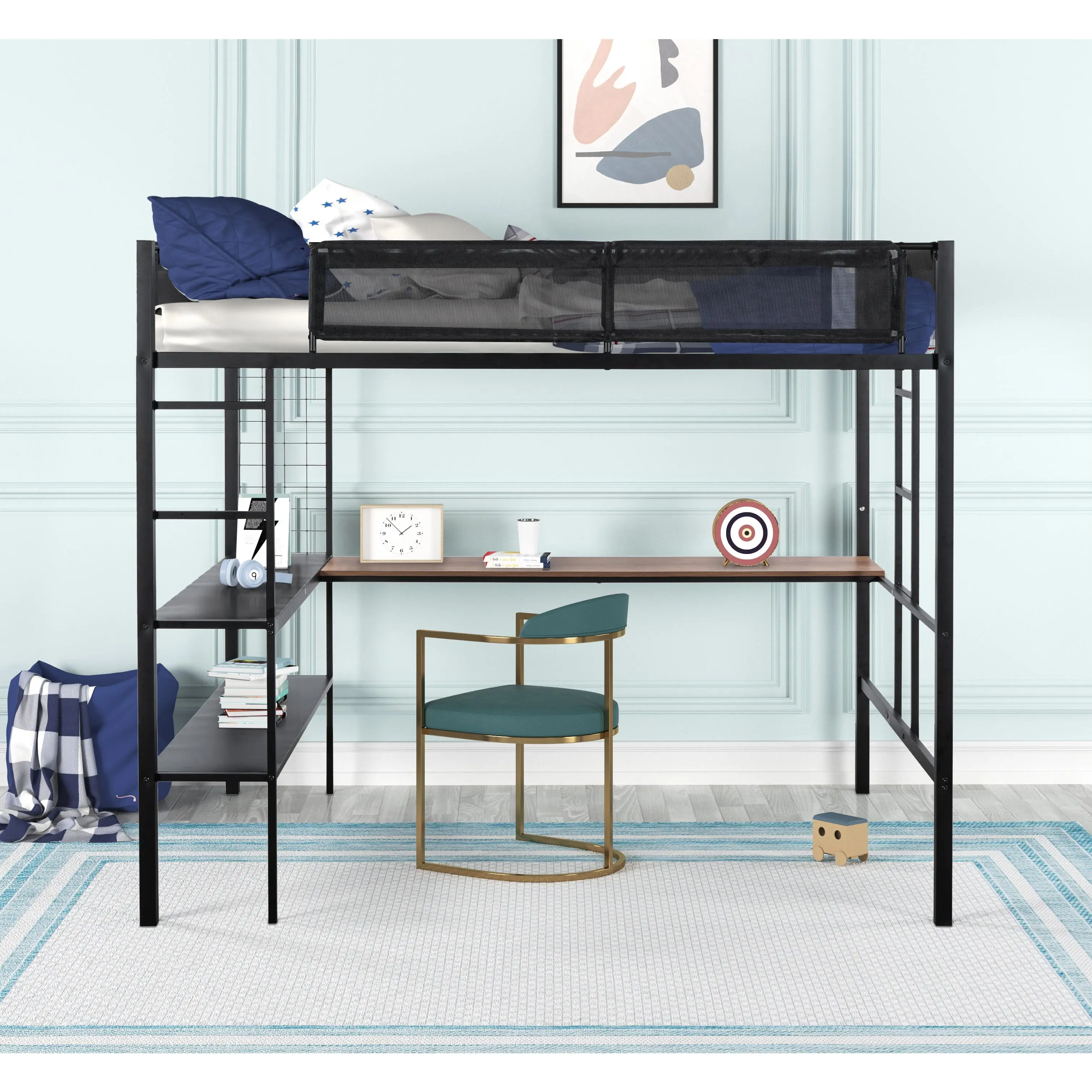 ARCH Metal Full Size Loft Bed Frame with Desk and Shelves, Sturdy Steel Bed Frame with Noise-Free Wood Slats, Textilene Guardrail, Built-in Desk, 2-Tier Shelves, Grid Panel, 2 Side Ladders, Space-Saving Bed for Bedroom, No Box Spring Needed