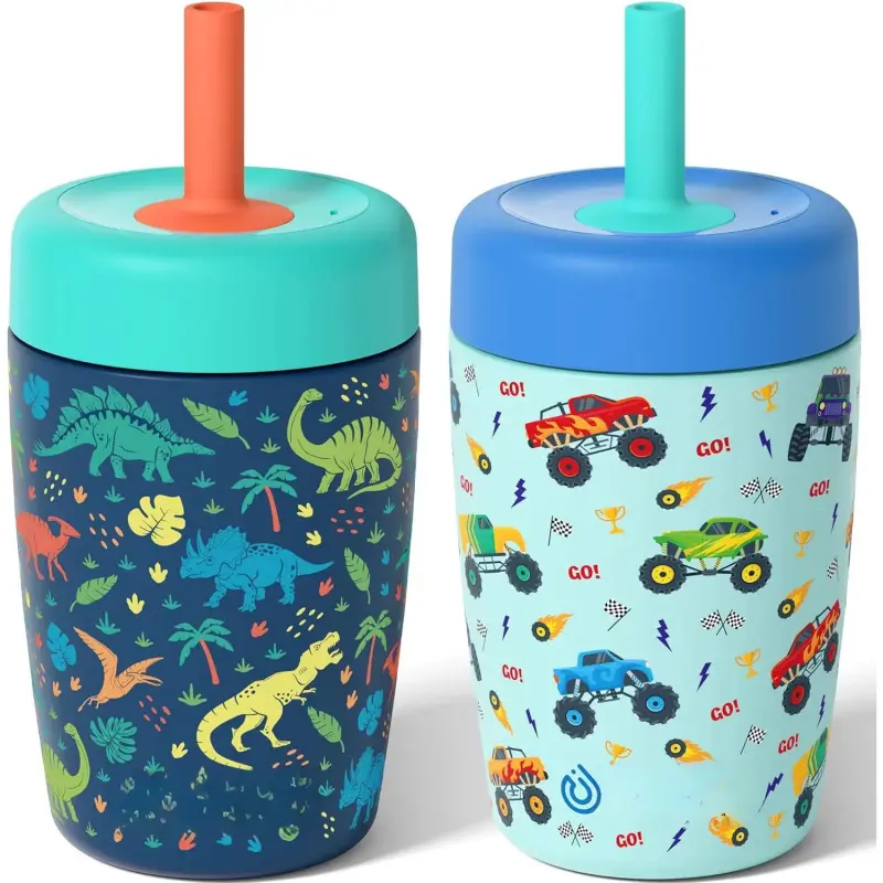 2-Pack 12 oz Insulated Spill-Proof Sippy Cups for Kids, Lightweight Stylish Stainless Steel Straw Tumbler Drinkware with Twist Lid for Beverages
