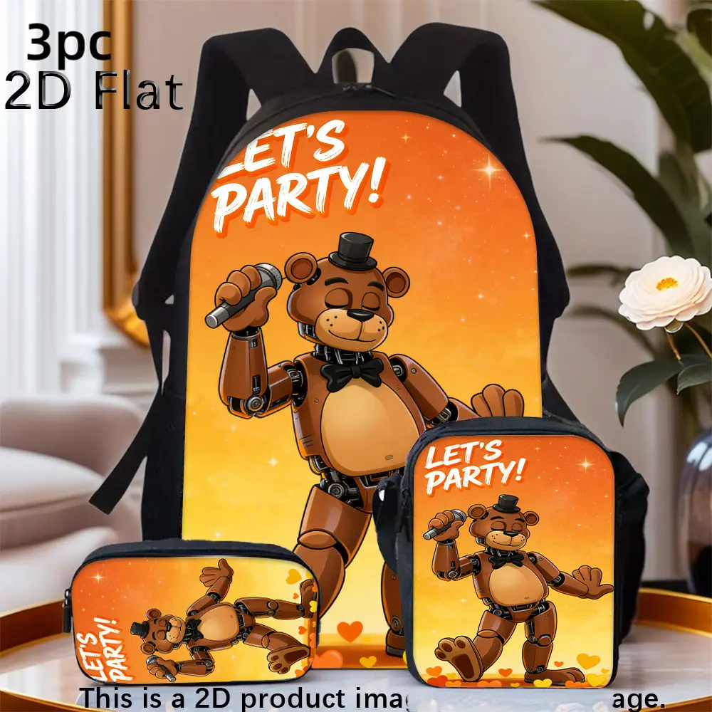Spring Valentine'S Day 3pcs Travel Bag Set Includes a Freddy Orange Party Casual Backpack Designed for Students.It Features a School Bag with a Zipper, a Messenger Bag, And a Pencil Case, All of Which Can Be Hand Washed