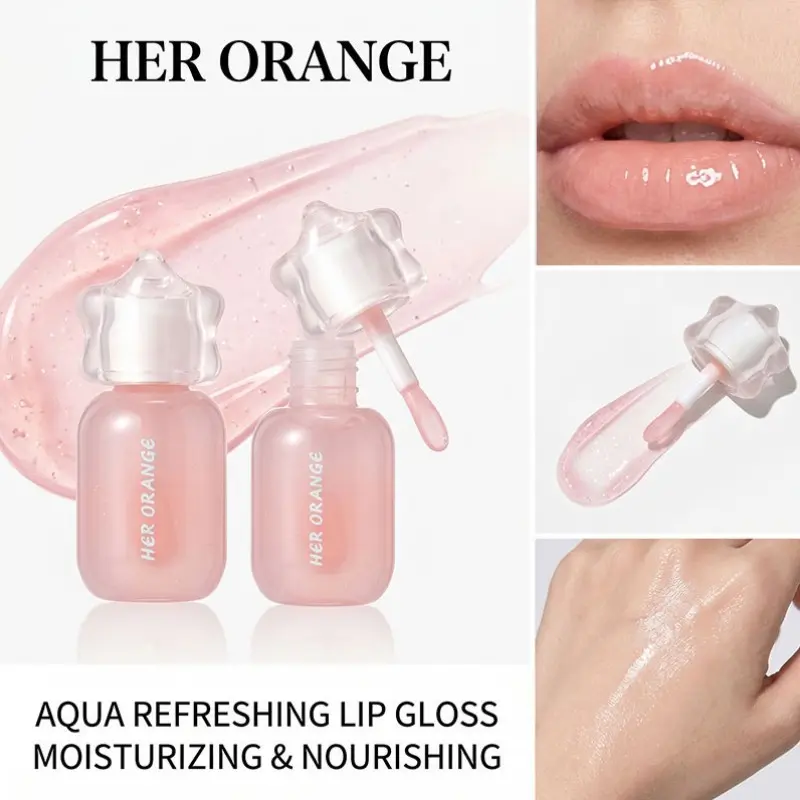 HERORANGE Star Peach Bubble Lip Gloss cute star transparent cap pink clear round bottle watery lightweight non sticky texture deeply hydrate dry peeling lips smooth lip lines instantly create plump mirror glass glow sheer for daily lip base thick coat