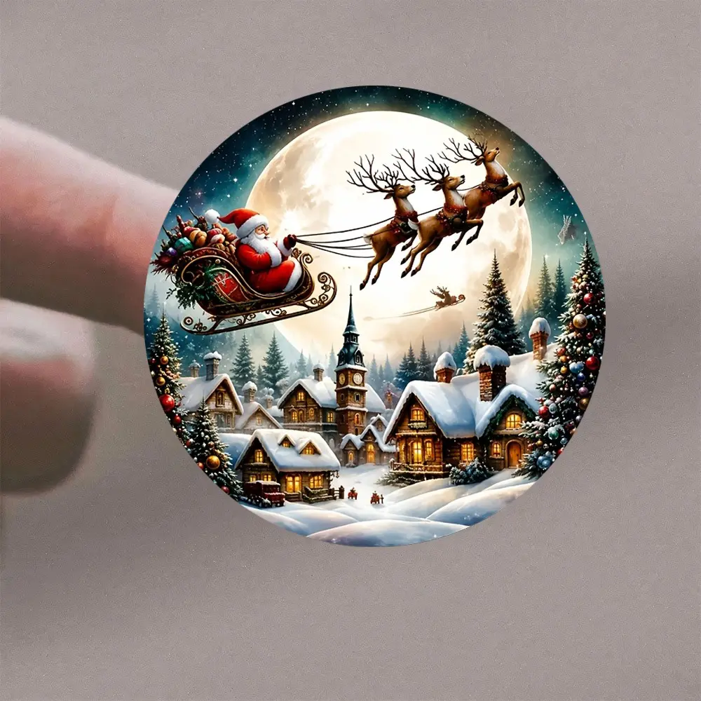 72 Christmas Stickers, Santa Claus Sleigh Reindeer Snow Village, Self-Adhesive Envelope Seals, Vintage Holiday Gift Tags, Festive Card Decorations