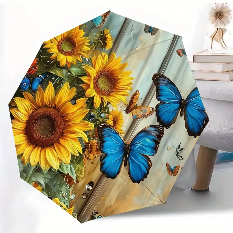 Automatic Folding Rain Umbrella, Lightweight Portable Foldable Travel Umbrella, 8-Rib Solid Frame, Unisex Elegant Sunflower Butterfly Design, Ideal Gift, Easy to Use
