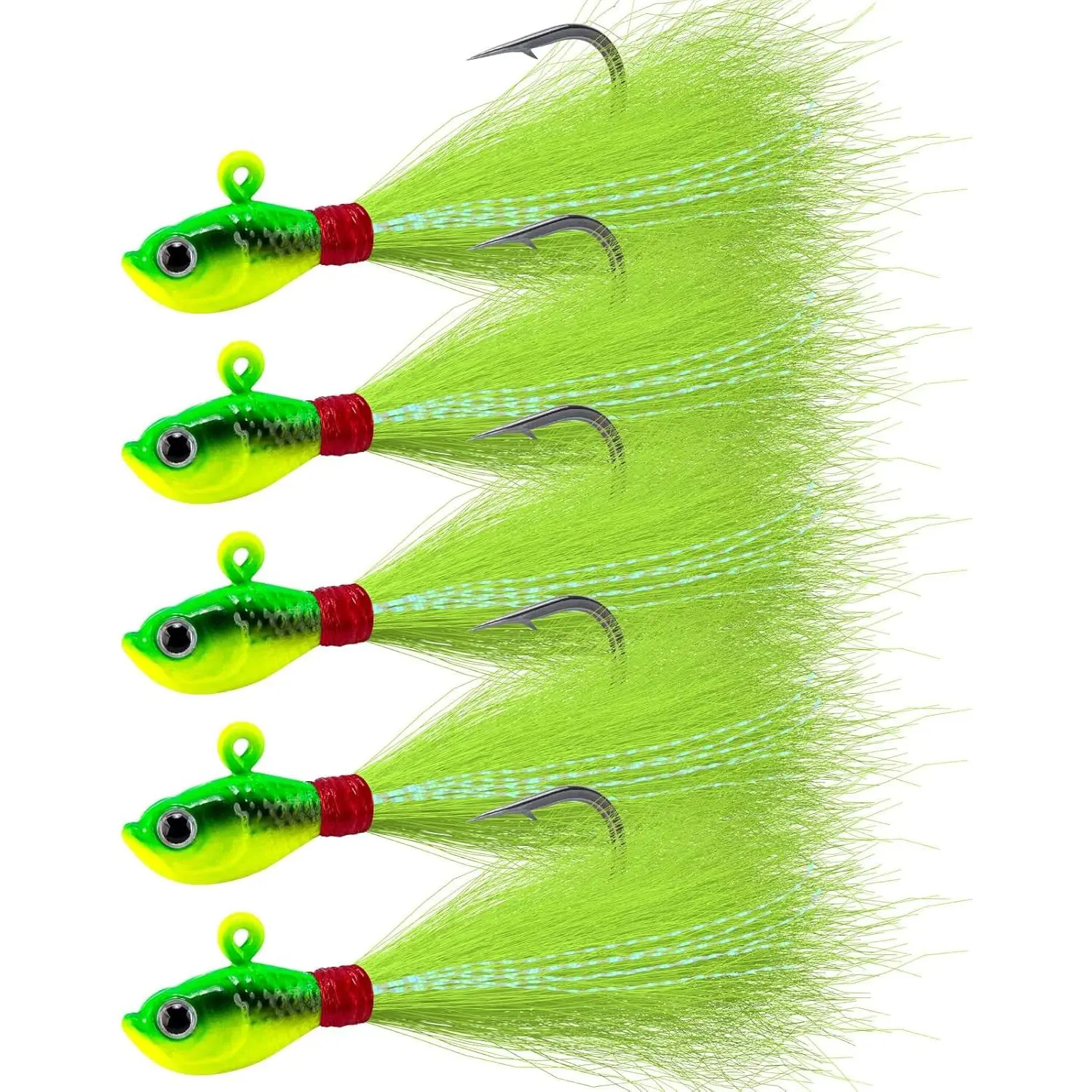 5-Pack Bucktail Jigs Hair Jigs Saltwater Freshwater Fishing Bucktail Lures Surf Fishing Jig Heads White Luminous Chartreuse Swimbait Jig for Bass Flounder Striper Bluefish Halibut Redfish