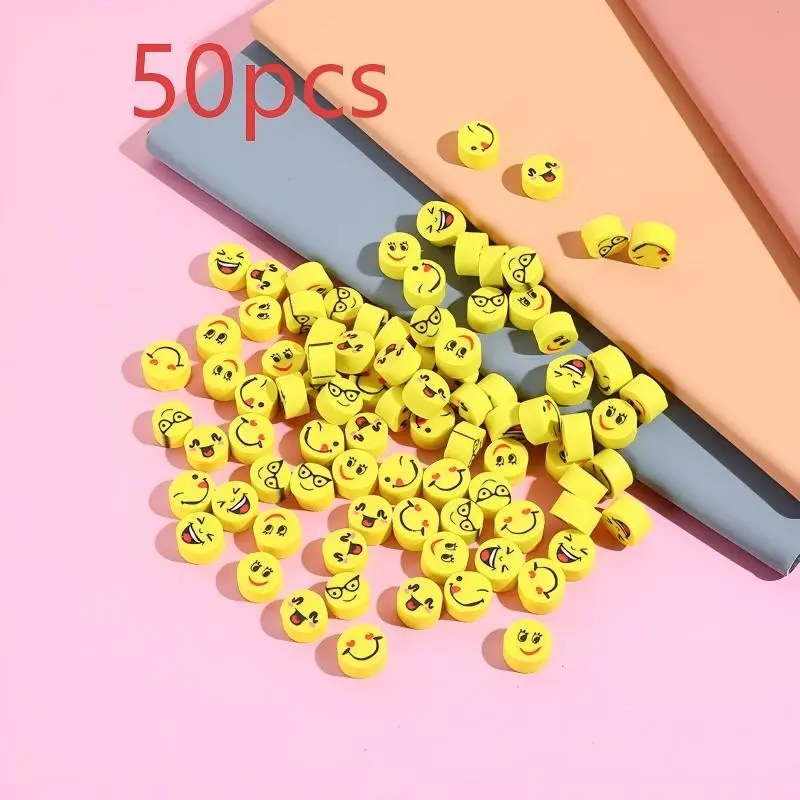 Mini Smiley Face Eraser, Student Stationery Supplies, Reward Gift Set of 50, Non-Sponge Rubber, Unvulcanized, No Ca Prop 65