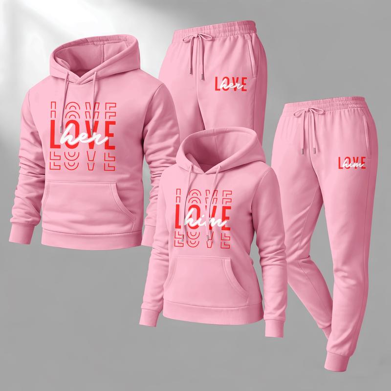 Couple's “LOVE her” and “LOVE him” Print Hoodie and Sweatpants Set, Casual Sportswear, Long-Sleeve Hooded Jacket and Pants, Suitable for Autumn, Winter, and Spring, Everyday Wear, Tracksuit