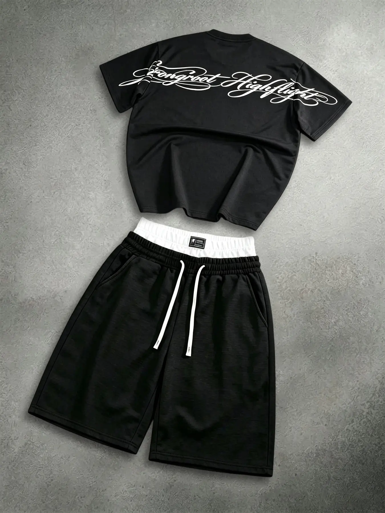 Matching Two Piece Tracksuit Set Cursive Script Back Print Short Sleeve Top Side Vertical Calligraphy Letter Shorts Double Layer Waistband Drawstring Side Pocket Co Ord Outfit Versatile Ready To Wear Ensemble For Skate Park Music Festival Summer Street OO