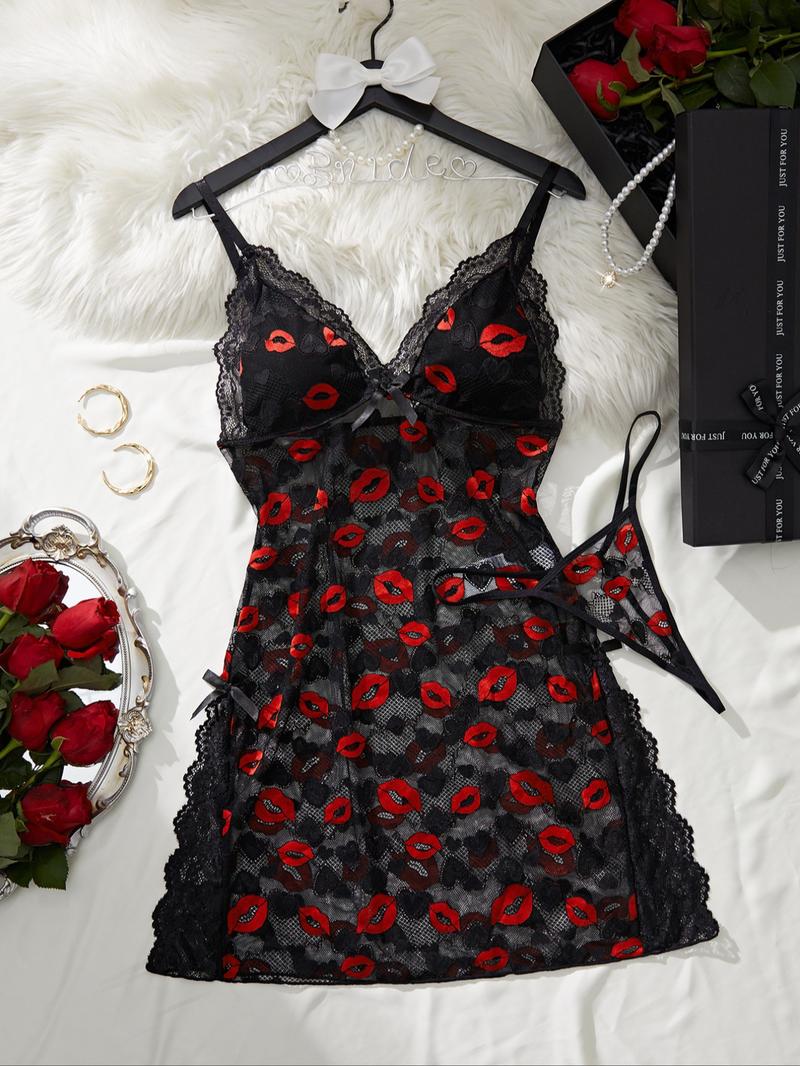Women's Lip Print Lace Trim Cami Nightdress & Thong Sexy Lingerie Set, Comfy Breathable Nightgown & Panty Set, Women's Sleepwear & Loungewear Set, Sleeveless Nightgown