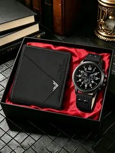 Men's Casual Leather Strap Quartz Watch g Set with Matching Wallet, Classic Round Dial, Perfect for Daily Wear, Travel, Dates, Gifts for Special Occasions