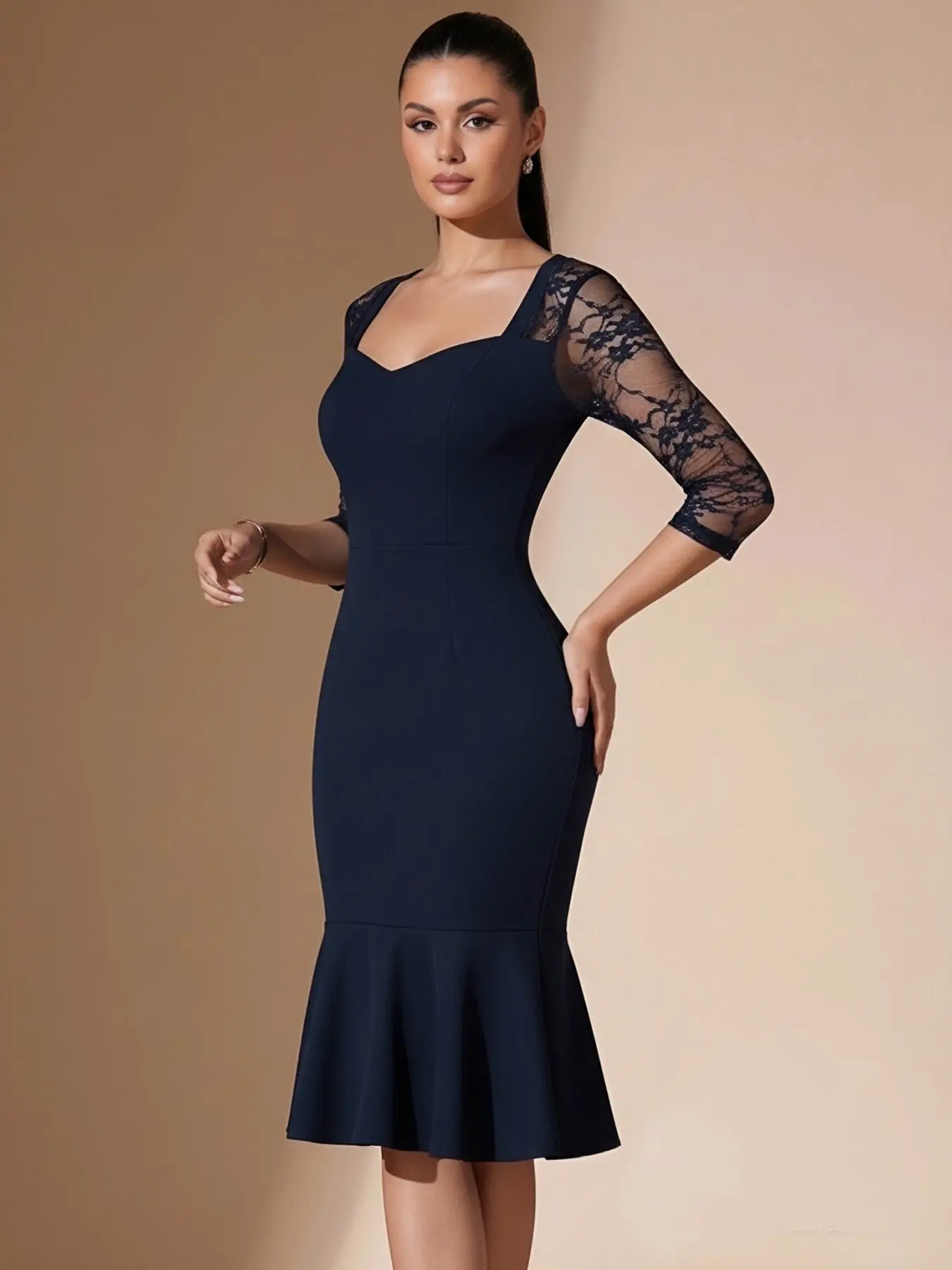 Elegant Chic Women's Lace Patchwork Seven-Quarter Sleeve A-Line Flared Dress, Womenswear, Square Neck Bodycon Midi Dress Design Fit, Evening Party Gown, Perfect for Formal Wear, Parties and Daily Wear