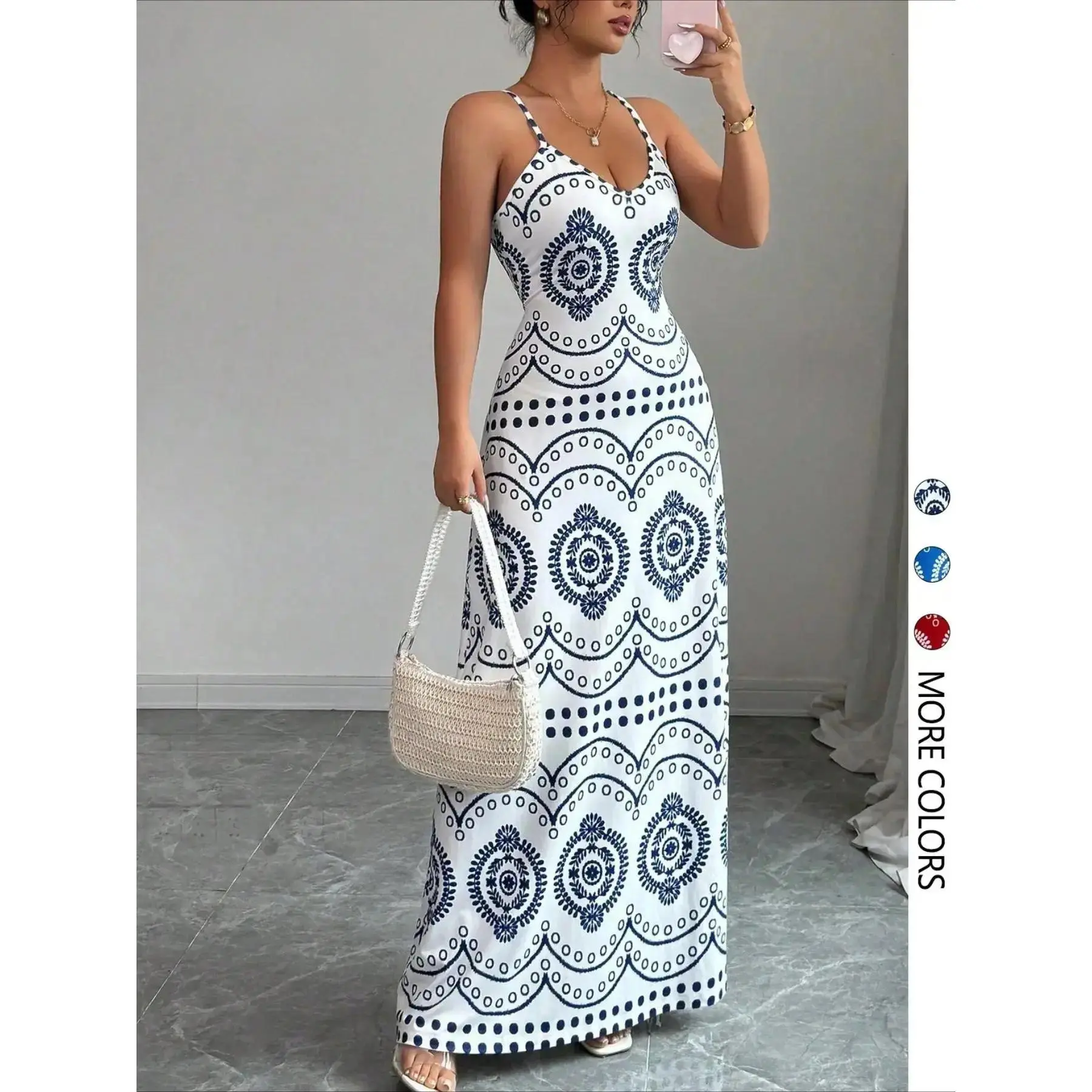 Women's Elegant Fashion Spaghetti Strap Ethnic Print V-Neck Dress, Stylish Summer Casual Feminine Wear, Perfect for Parties, Daily and Everyday Wear, Boho Style Dresses