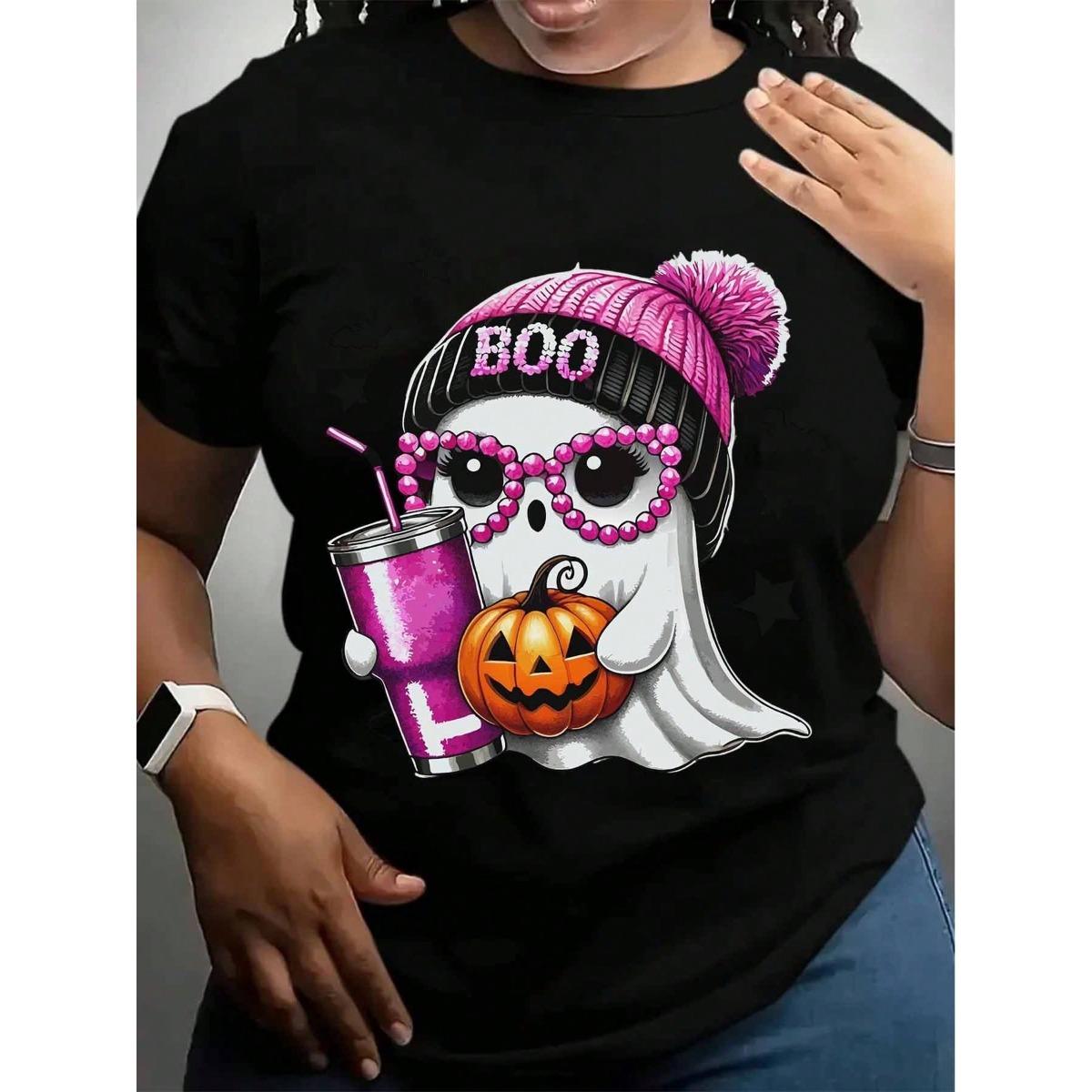 Halloween Ghost With Pink Hat Shirt, Woman's Halloween T-Shirt, Spooky Season Tee, Boo With Pumpkin And Coffee Shirt, Fall Gift Tee