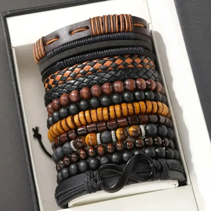 Unisex 12-Piece Beaded Jewelry Stack - Vintage Woven PVC Leather & Beaded Accessories with Tiger Eye, Moonstone, Adjustable for Daily, Casual Party Wear, Baroque Multicolor Fashion Jewelry