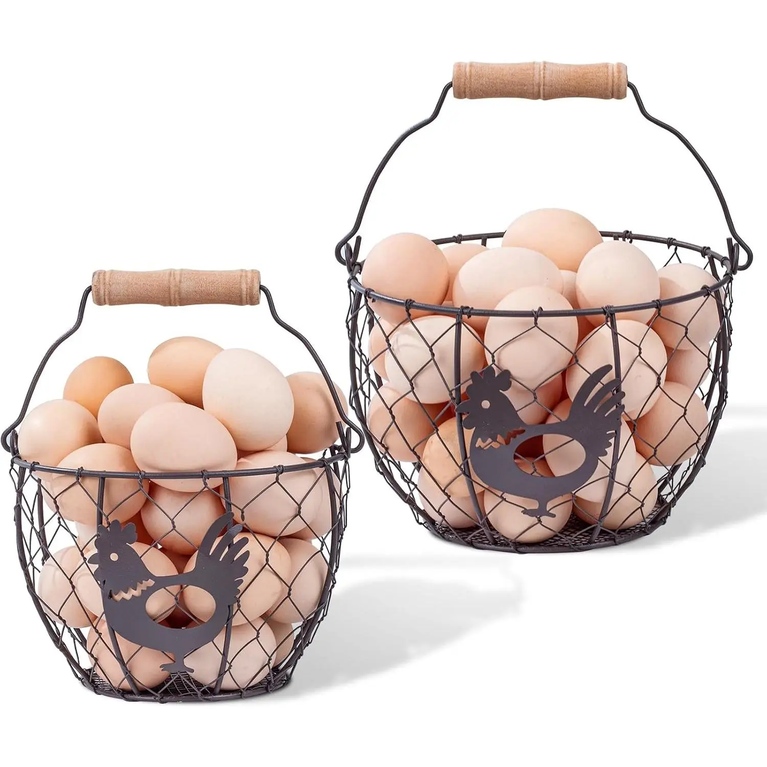 Wire Egg Basket Set of 2, Rooster Design Wooden Handle Farm Egg Storage 6.5in & 7.5in
