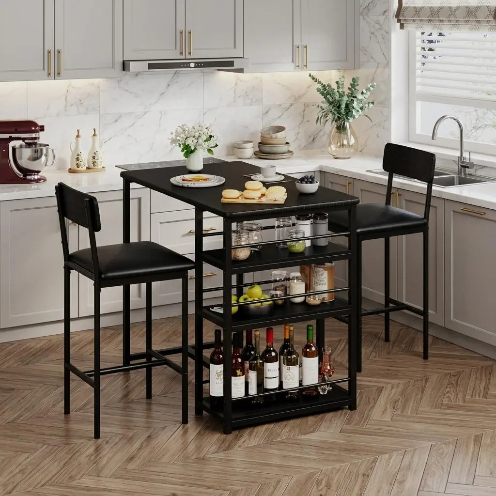 3-Piece Dining Table Set for 2 with Upholstered Chairs, 3 Storage Shelves - Space-Saving Kitchen & Bar Furniture - Ideal for Small Apartments, Bistro, Breakfast Nook - Grey and Gold White