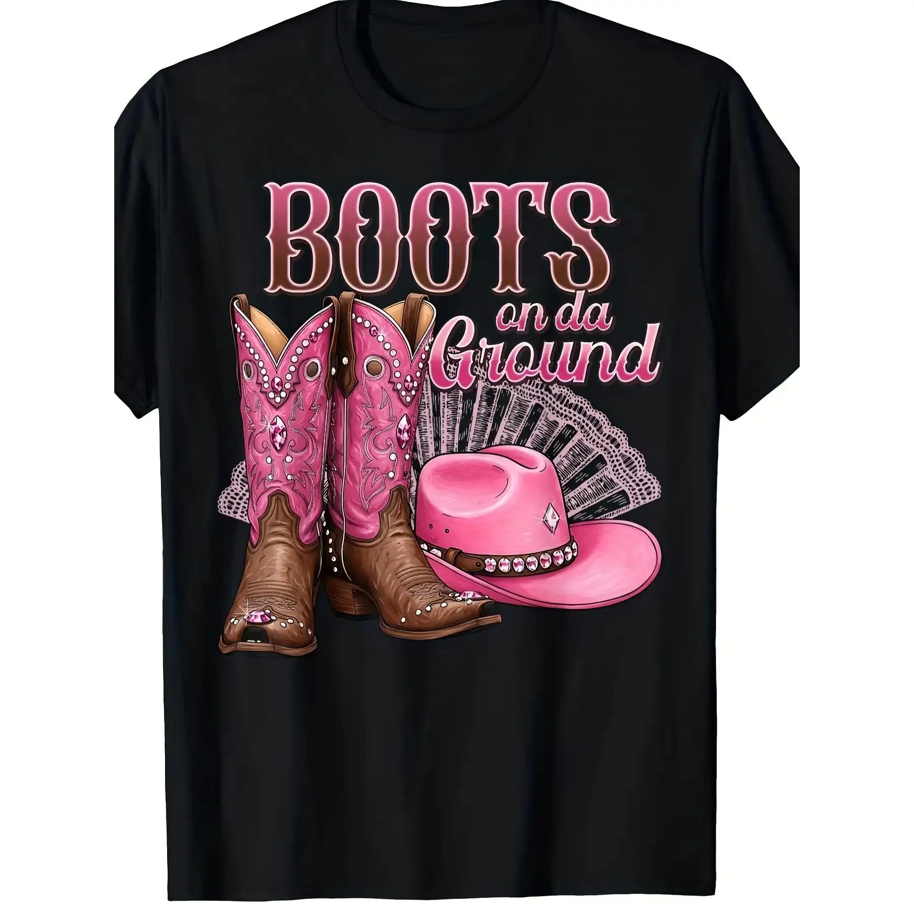 2026 Spring Summer Men's "Boots On Da Ground" Western Cowboy T-Shirt Casual Crewneck Fabric Menswear Top Black Lace Matching Pink