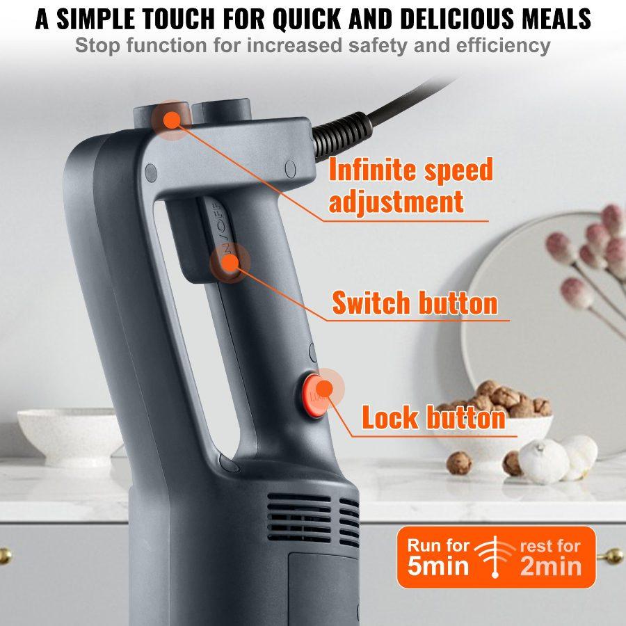 VEVOR Commercial Immersion Blender, 750W 12 Heavy Duty Hand Mixer, Variable Speed Kitchen Stick Mixer with 304 Stainless Steel Blade, Multi-Purpose Portable Mixer for Soup, Smoothie, Puree, Baby Food