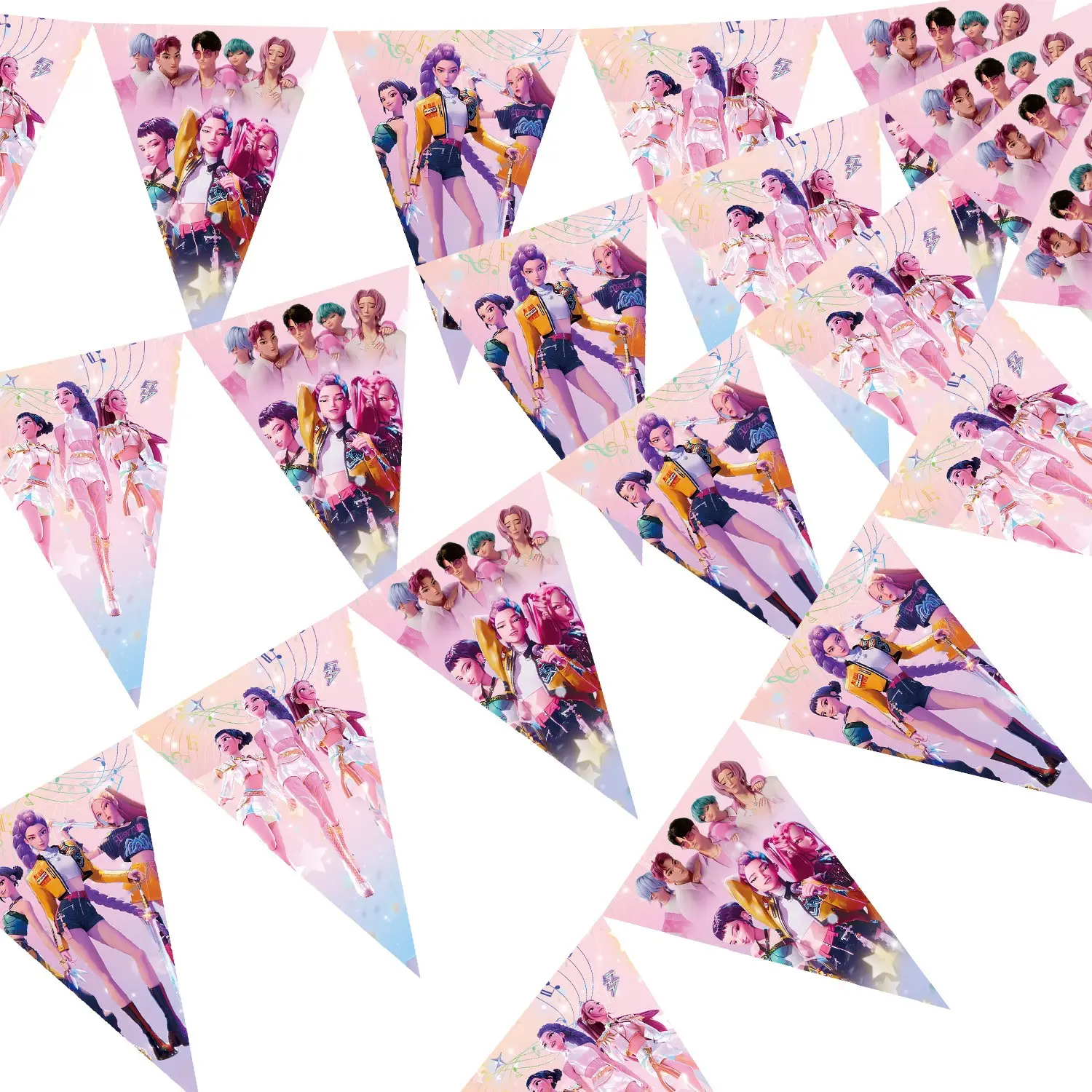 10 Korean cartoon girl group themed party pink triangular pennant banners, with clear printed patterns and vibrant colors! Suitable for indoor home parties and outdoor lawn birthday parties, a simple decoration can refresh the entire gathering