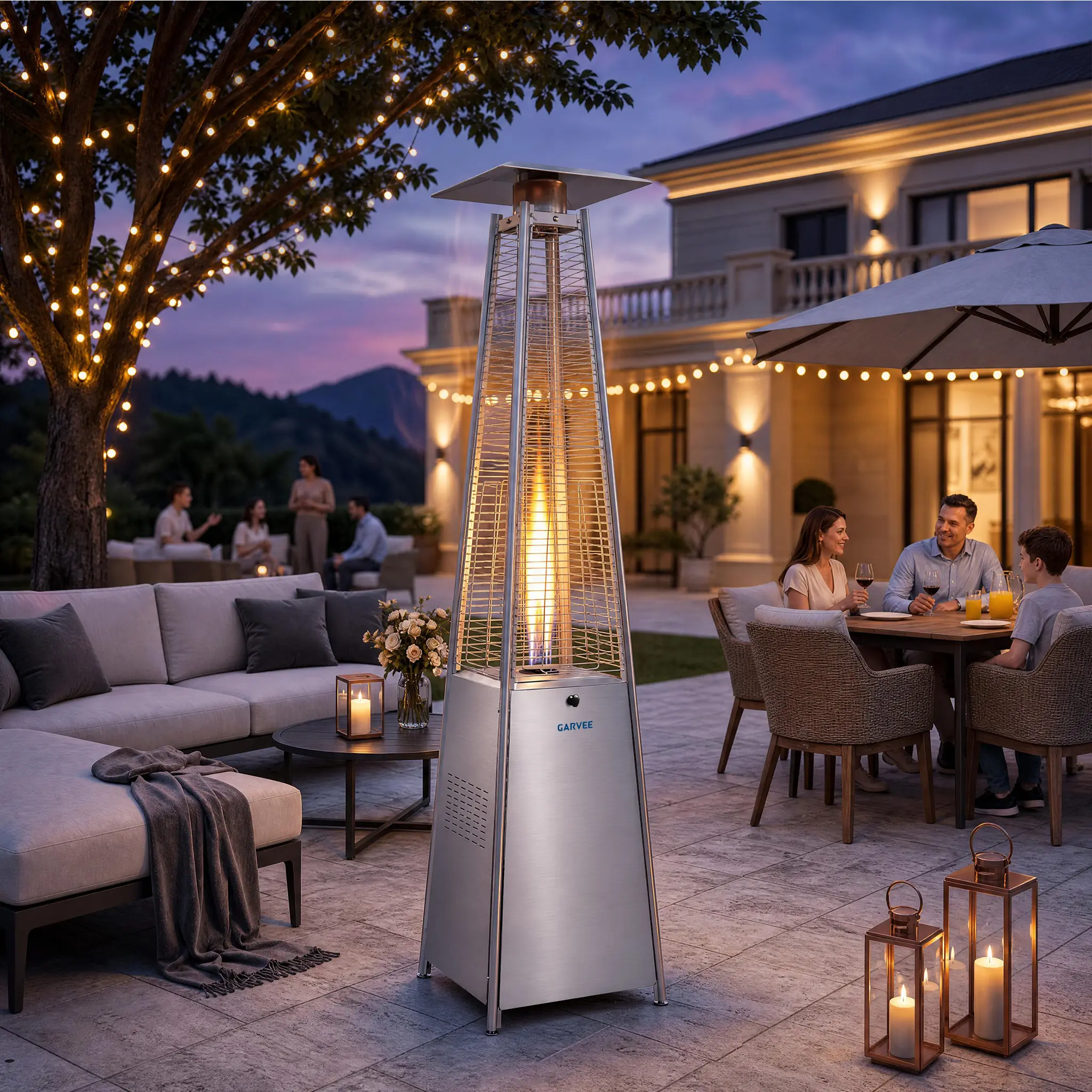Garvee Pyramid Propane Patio Heater with Glass Tube Flame - Adjustable Heat, Battery Ignition - Wheels & Waterproof Cover - Silver Outdoor Gas Heater for Patio & Backyard