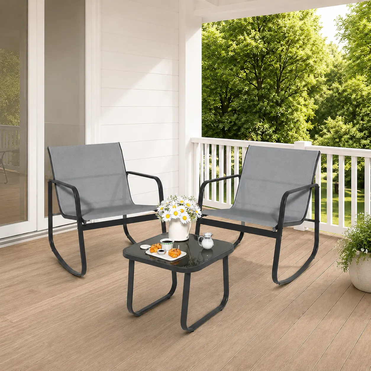 4-Piece Black Outdoor Patio Furniture Set with Loveseat, 2 Armchairs & Glass Coffee Table, Weather-Resistant Patio Conversation Set with Breathable Textilene Fabric & Sturdy Steel Frame for Garden, Balcony, Courtyard & Backyard