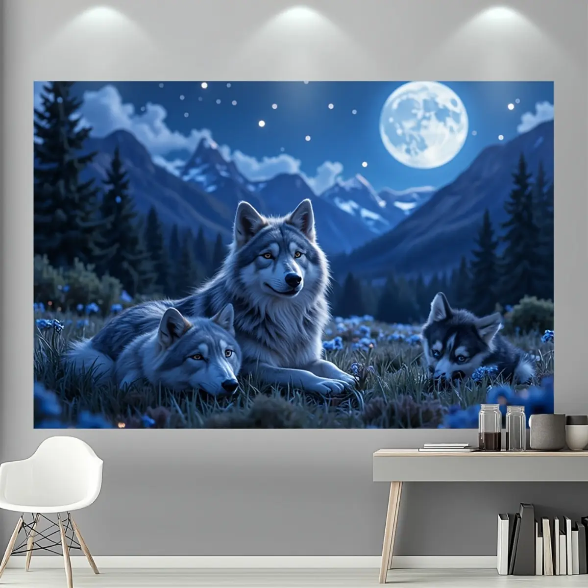 Deep Blue-Black Wolf Family Night Scene Hanging Wall Tapestry - Light-Enhanced Home Decor, Bed Covers, Outdoor Gift for Weddings, Christmas