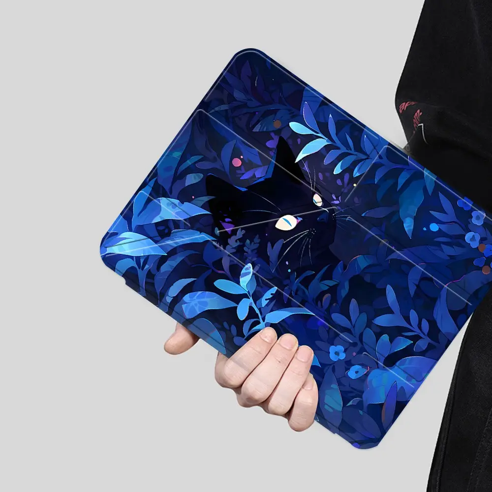 Blue Mystical Black Cat iPad Case, Y-Fold Stand Protective Cover with Pencil Slot & Charging Port, Shockproof Anti-Scratch,Fits iPad 7.9/8.3/10.2/10.5/10.9/11/12.9 13 inch, Great for Nature Lovers & Home Use