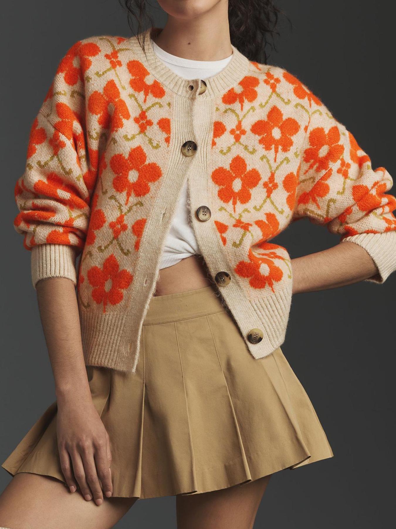 Vintage Floral Jacquard Knit Cardigan, Button Front Long Sleeve Sweater, Fitted Soft Comfortable Fall & Winter Fashion, Elegant Women's Outerwear Knitwear