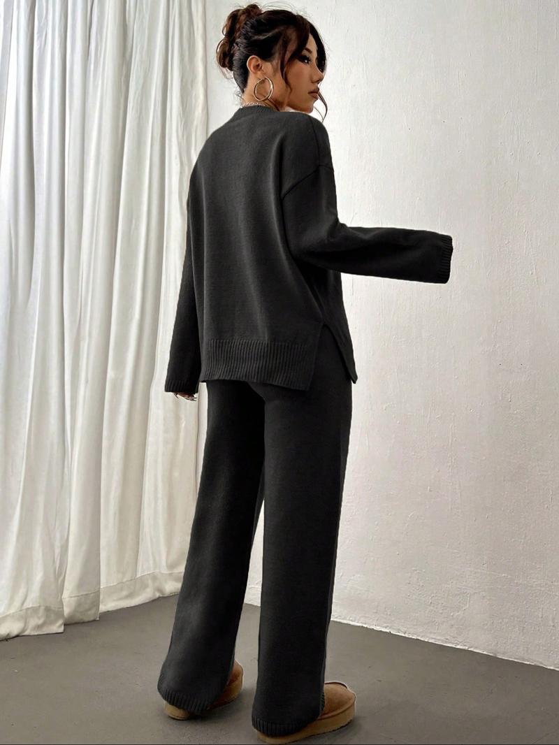 【Plus Size】 Two-Piece Set Women's Solid Color Sweater & Pants, Casual Fashion Knitwear Set for Daily Outdoor Wear, 2 Piece Sets Women, Women Knitwear for Fall & Winter