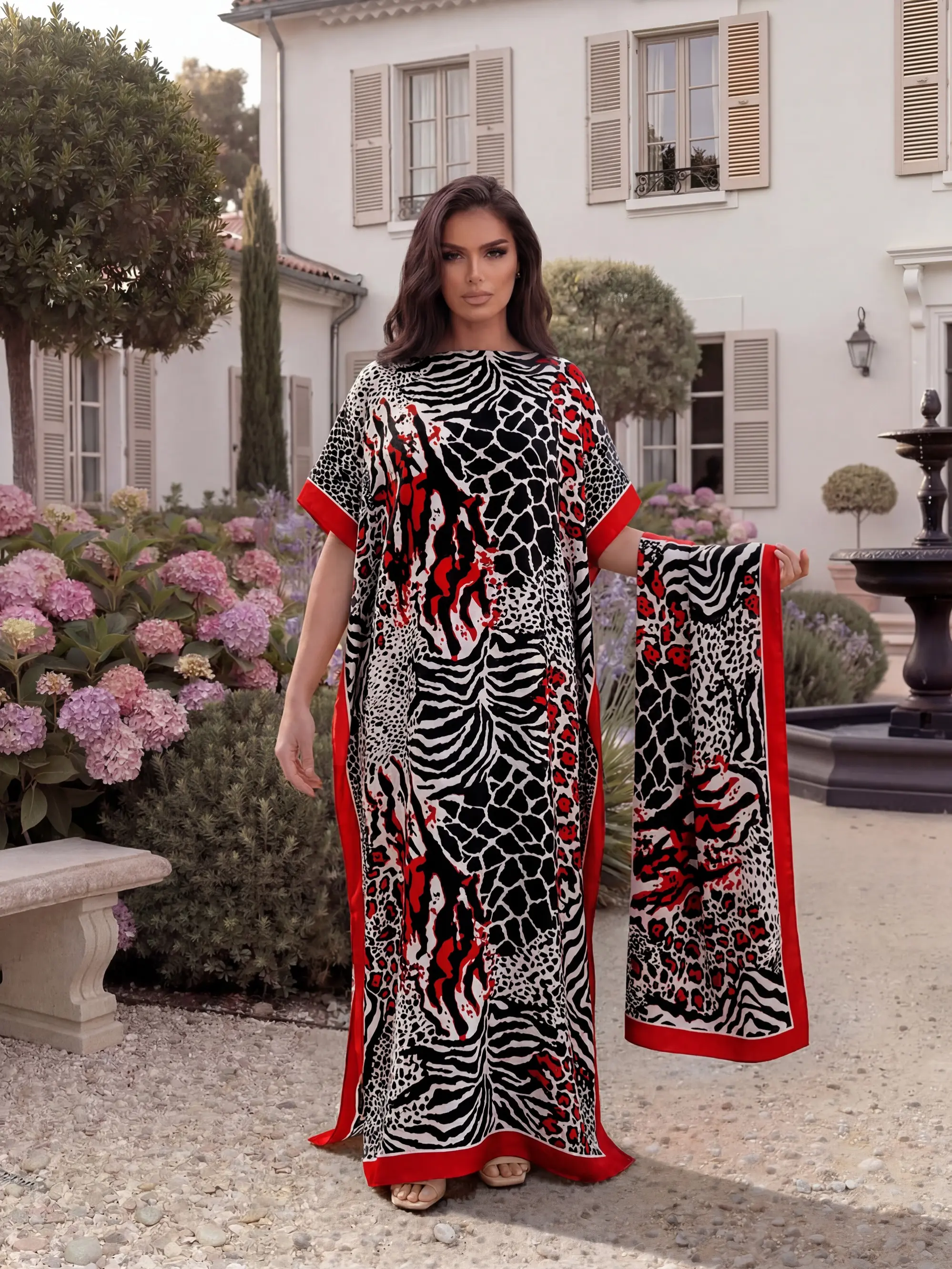 Moo Moo Robe and Matching Scarf Set, Elegant Leopard Pattern, Loose-Fitting, All Seasons, Versatile Fashion Accessory