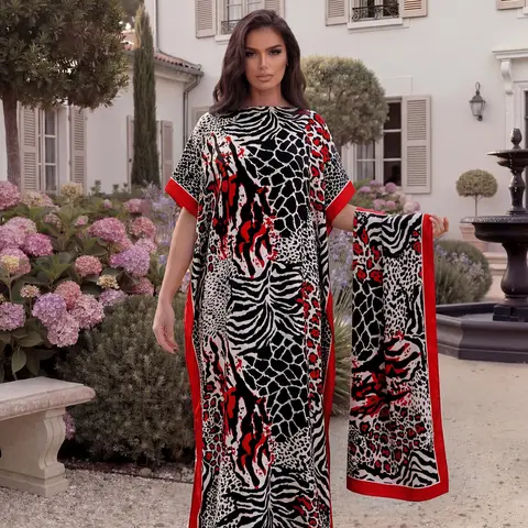 Muumuu Robe and Matching Scarf Set, Elegant Zebra & Animal Print, Loose-Fitting, All Seasons, Versatile Style With Scarf