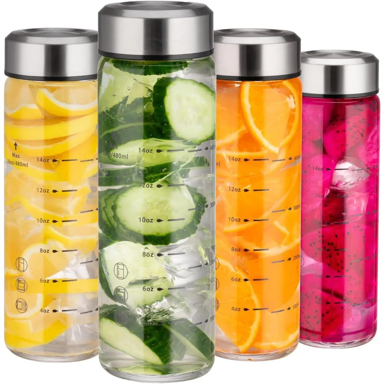 ?16oz Glass Juice Bottles - 4 Pack Wide Mouth with Thickened Stainless Steel ,  Leakproof Borosilicate, for Juicing, Smoothies & Beverage Storage
