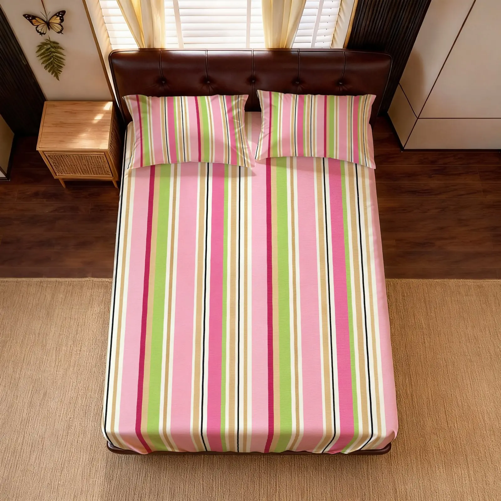3-Piece Striped Fitted Sheet Set, Pink & Green Contrast Stripe Bedding. Includes 1 Fitted Sheet + 2 Pillowcases, No Pillow Inserts. Ideal for adults, teens and girls, perfect bedroom home bedding & great gift choice.
