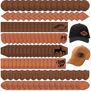 120 Pcs Rustic Leatherette Hat Patches, 8 Shapes Laser Engraving Blank Adhesive Faux Leather Patches for Fabric Sewing Repair, Khaki Archaize Color