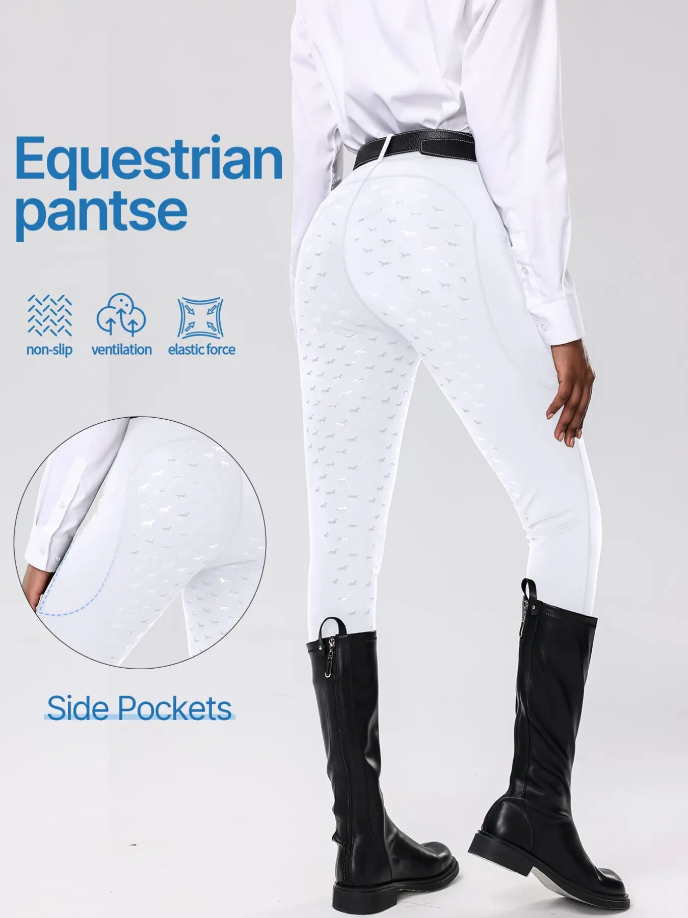 Women's Equestrian Pants, High-Waisted Elastic Waist, Quick-Dry Breathable, Side Pockets, All-Seasons, No Belt Included