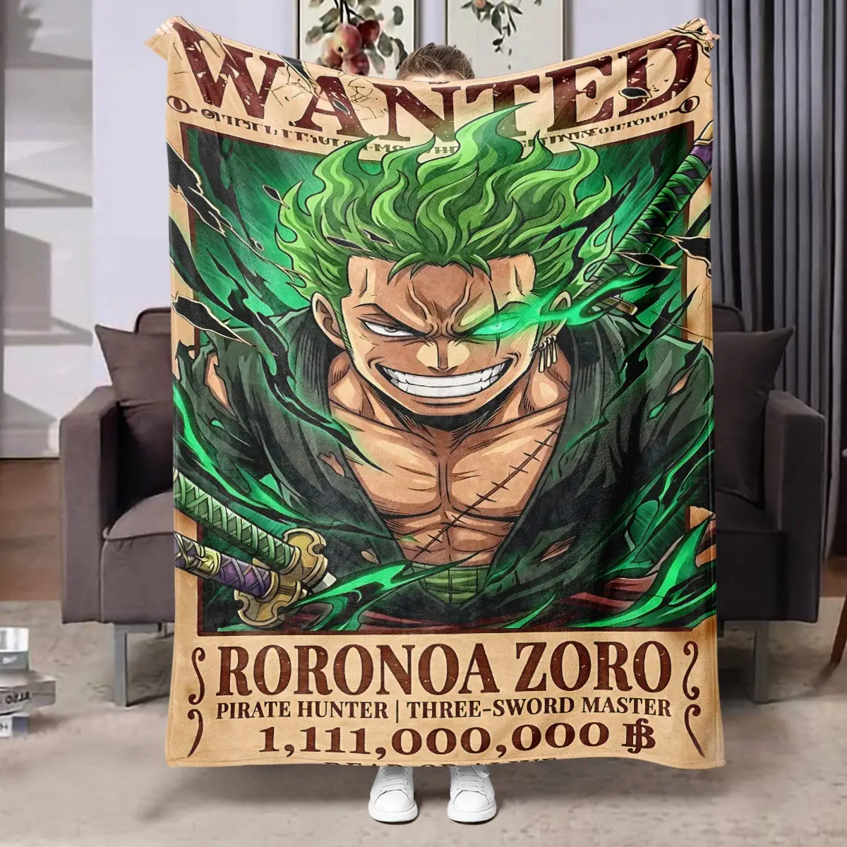 One Piece Luffy Wanted Vintage Flannel Blanket, Thick Soft Anti-Pilling, All-Season Adult Throw for Home Office Camping