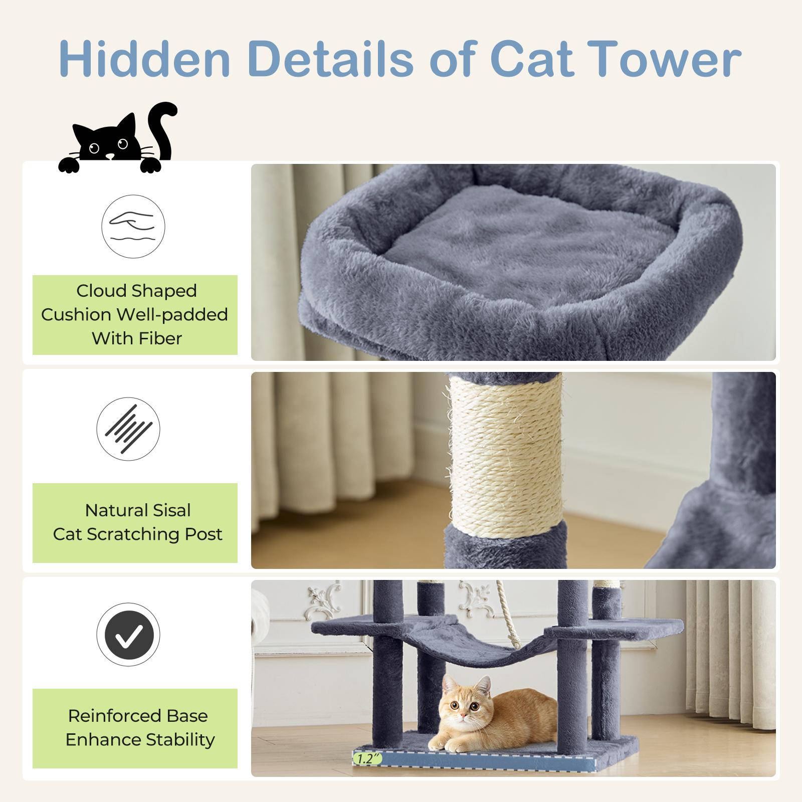 66 Inch Large Cat Tree Tower for Multiple Cats with 2 Condos 3 Perches Hammock Pompoms Extra Wide Platform Indoor Cat Activity Center