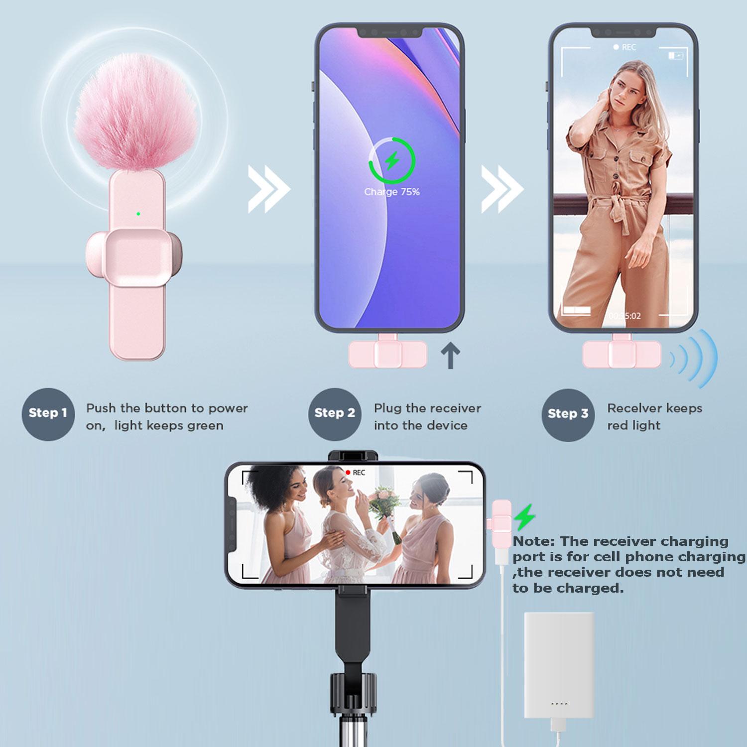 Wireless Lavalier Microphone, 1 Set USB Rechargeable Wireless Microphones, Professional Mini Microphones for iPhone, iPad, Android, Mini Recording Microphone, Wireless Streaming Mic Receiver