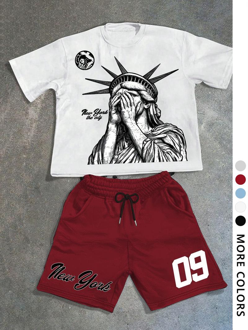 Men's Statue Of Liberty & Letter Print Short Sleeve Tee & Shorts Two-piece Set, Regular Fit Casual Round Neck T-shirt & Track Shorts, Men's Summer Clothes