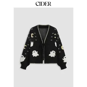 Cider [size 2-10] Knit V-neck Ghost Graphic Knotted Cardigan