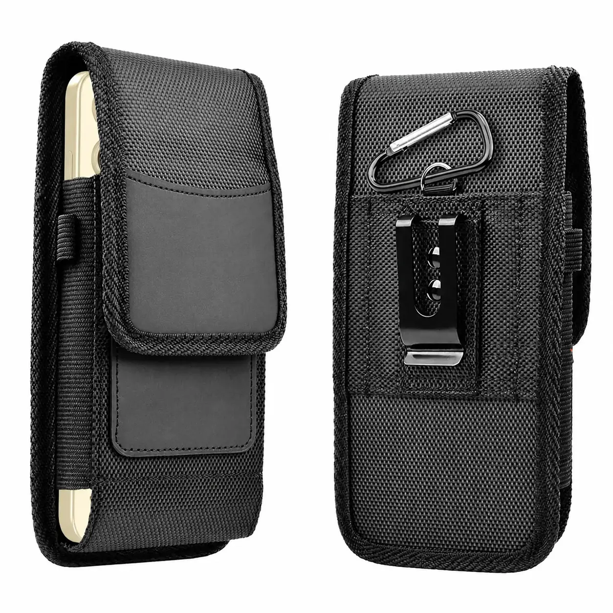 Durable Vertical Nylon Phone Holster for Men – Dual-Layer Belt Clip Pouch with Secure Carabiner, Universal Waist-Mount Design Fits 5.5 to 6.9 Inch Smartphones, Built-in Card Slot, Lightweight Travel-Friendly Accessory for Daily Commute, Outdoor Activities