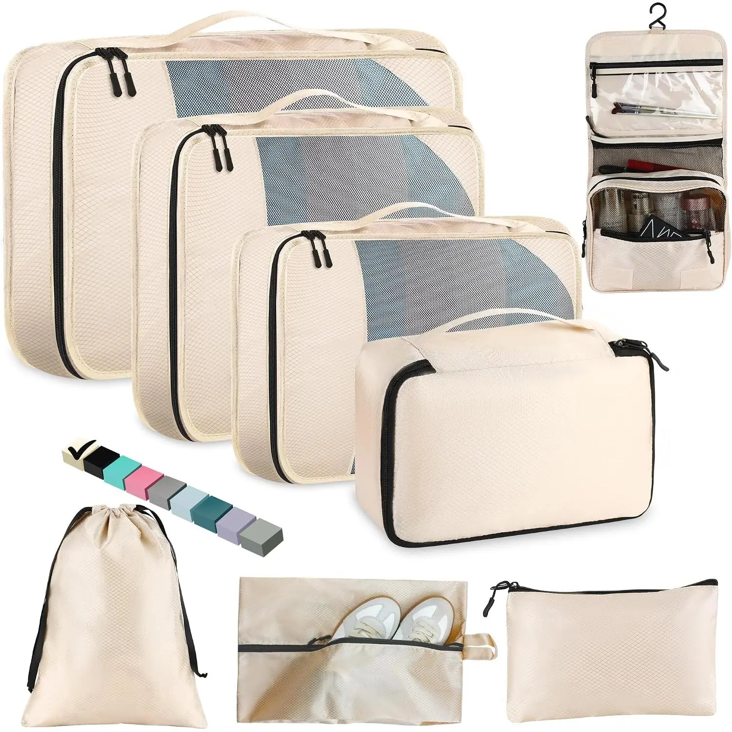 8-Pack Multi-Size Travel Packing Cubes Set, 2026 Upgraded Reinforced Zips & Mesh Bags, Home Organizer with Shoe Bag for Suitcases & Outdoor Travel (Beige), Includes Shoe Bag