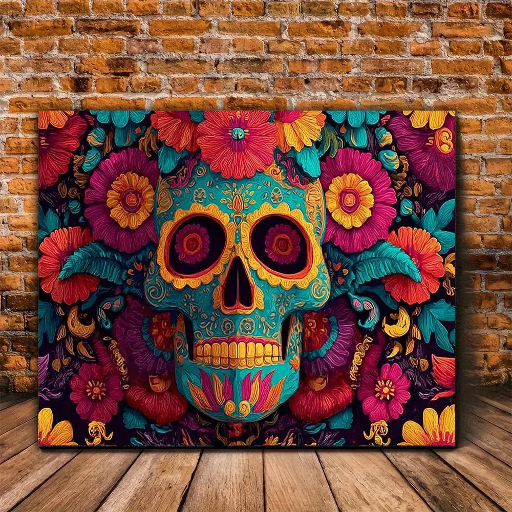 Artistic 2D Mexican Folk Art Sugar Skull Canvas Print - Bright Multicolor Marigold & Tropical Flower-Surrounded Ornate Hanging Canvas Wall Decoration, Bold Vibrant Day of the Dead Room Art, Minimalist Gothic Gift for Latin Culture Enthusiasts, Juneteenth