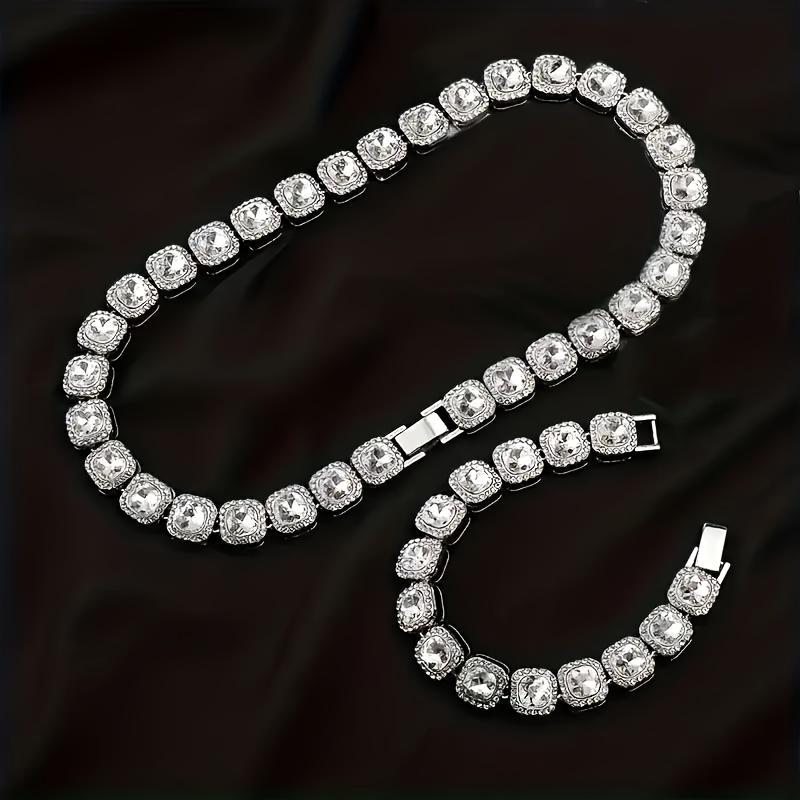 12mm Ice Cube Square Tennis Chain Long Stick Long Stick Chain Cubic Zircon 1 Row Cluster Artificial Diamond Tennis Necklace Bangle Hip Hop Jewelry for Men Women