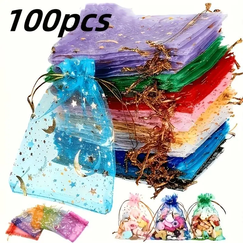 100pcs Moon Star Organza Drawstring Bags, Bright Mixed Colors with Gold Stars, Transparent Jewelry Gift Bags for Weddings, Christmas, Valentine's Day
