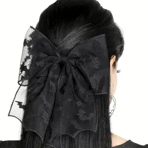 Gothic Lace Bow Hair Clip with Bat Silhouette, Punk Style Halloween Accessory, Contrast Design, Daily Gothic Fashion Gift