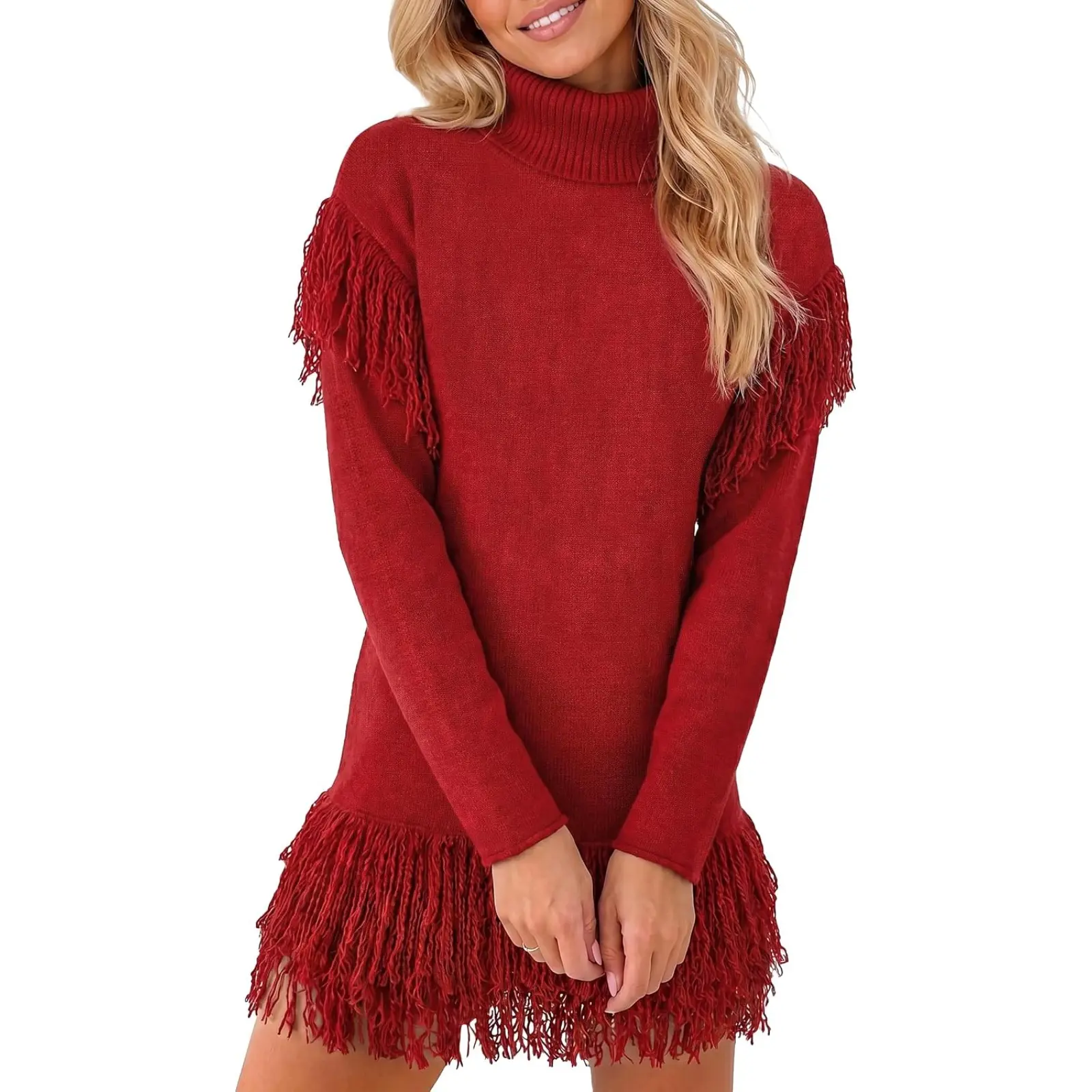 Wenrine Womens Fringe Sweater Dress Fall Winter Turtleneck Knit Pullover | Tassel,High Neck,Casual Style,Slim Fit,Fall Winter,Mini Dress,Party,Bodycon,Short Dresses