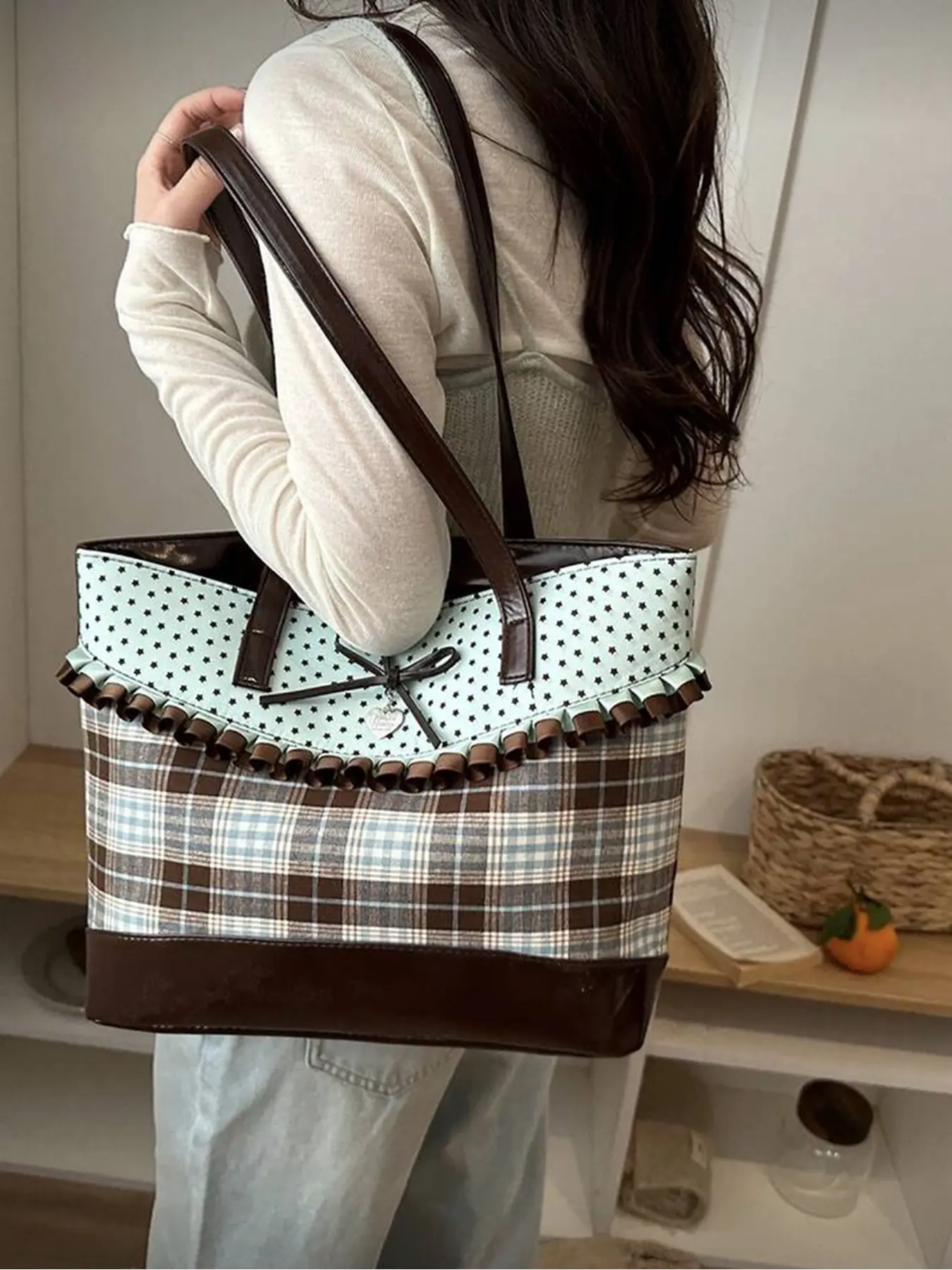 2026 Summer Spring Mint Plaid Handbag with Ruffle Bow Heart Pendant Polka Dot Women's Tote Elegant Mint Green Brown Checked Large Capacity Pu Tote Bag