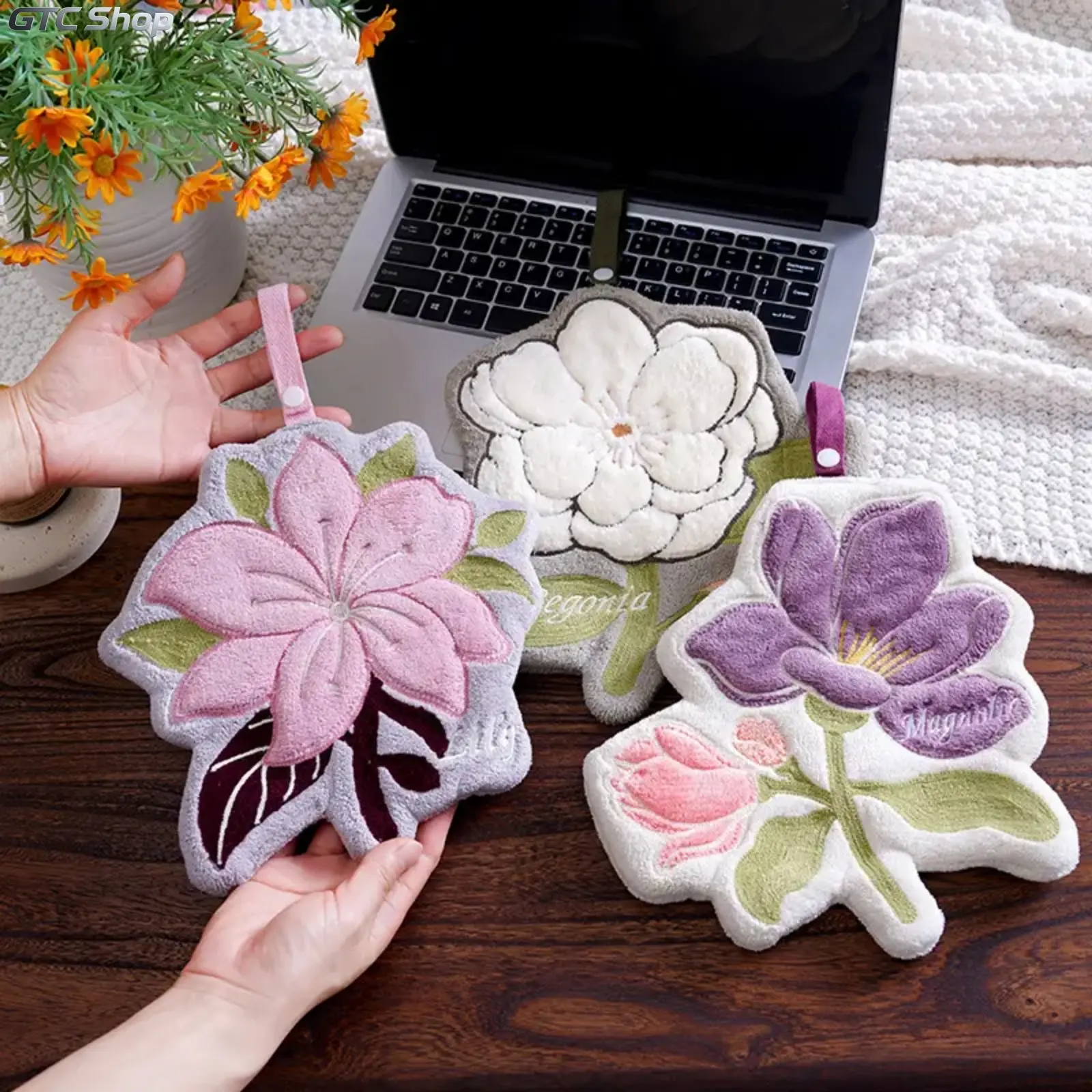 Floral‑Series Hanging Hand Towels, Soft Absorbent Quick‑Dry Decorative Towel, Convenient Hangable Design, Stylish Home Textile for Kitchen, Bathroom & Apartment Daily Décor.