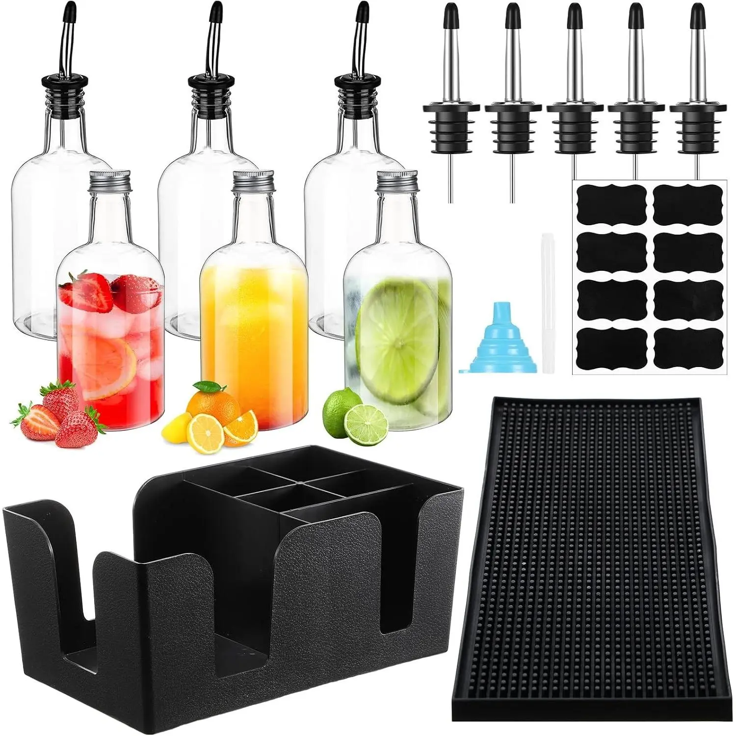 6 Sets 16 oz Plastic Long Neck Bottles with Pourers, Caps, Mats for Bartending, Plastic Bar Caddy Organizer for Bar Supplies Liquor Juice Store Syrup Bottles Pourers