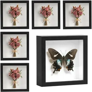 6 Pcs 5x5 Black Square Shadow Box Frame Wall Mountable Display Case for Sports Memorabilia Wedding Keepsakes Medals Photos Dried Flowers