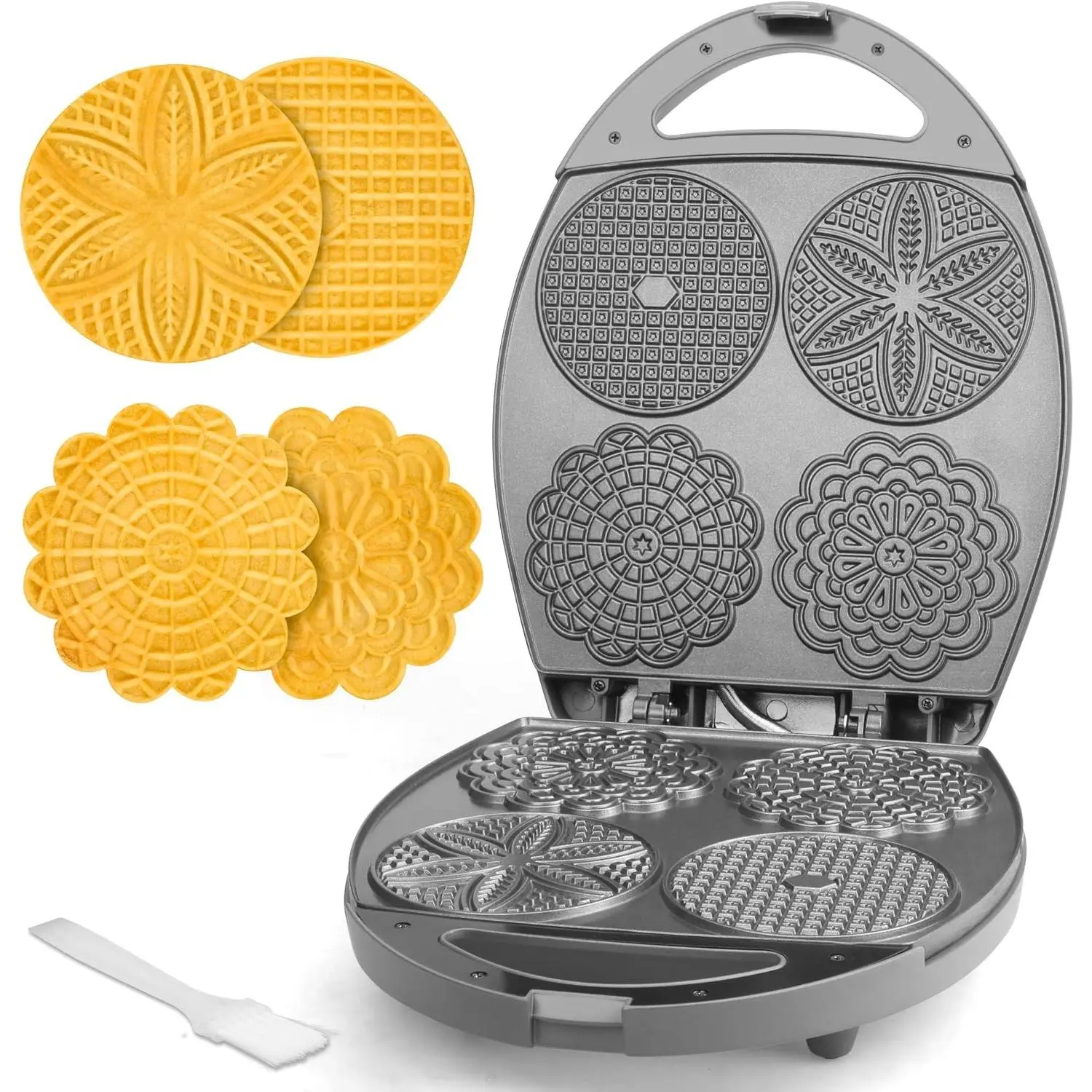 Multi Pizzelle Maker Electric, Stroopwafel Iron, 4 x 4.5'' Pizzelle Waffle Cookies Maker with Temperature Control, Ideal for Holidays, Parties & More, Great Choice for Gift, Graphite